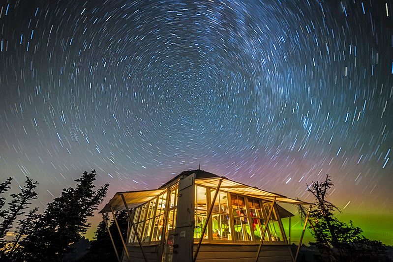 Winchester Fire Lookout with Star Trails and Aurora Glow