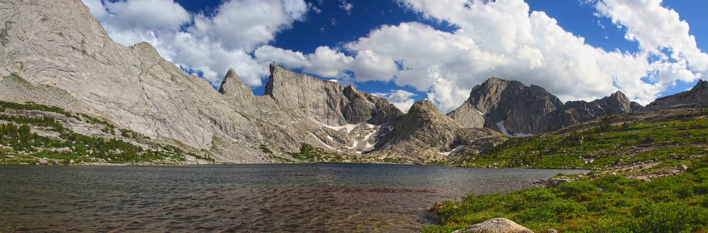 Haystack Mountain, Steeple Peak and Lost Temple Spire from Deep Lake, Panorama Wind River Range, Wyoming