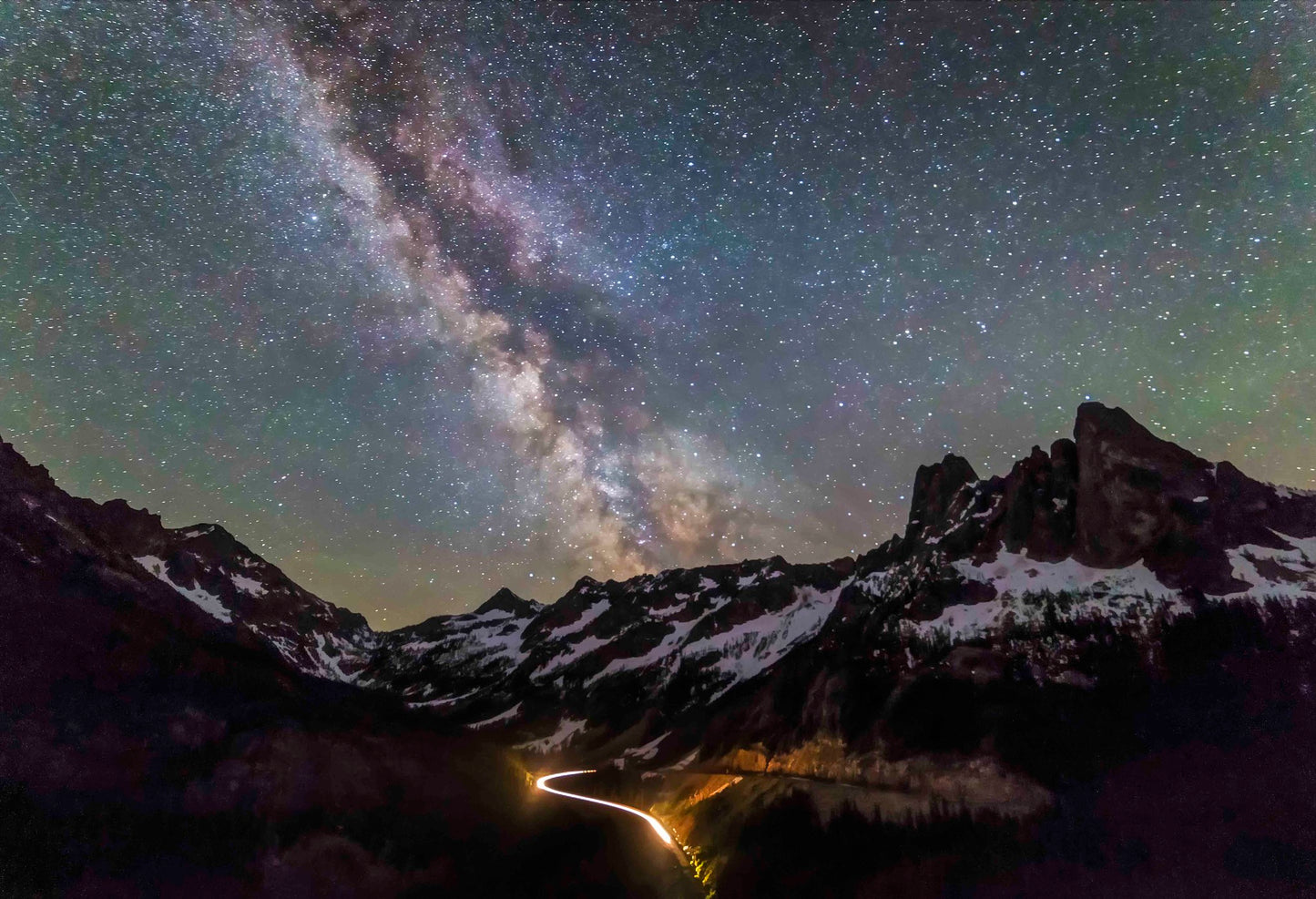 Milky Way and Headlights along the North Cascades Highway