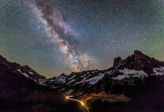 Milky Way and Headlights along the North Cascades Highway